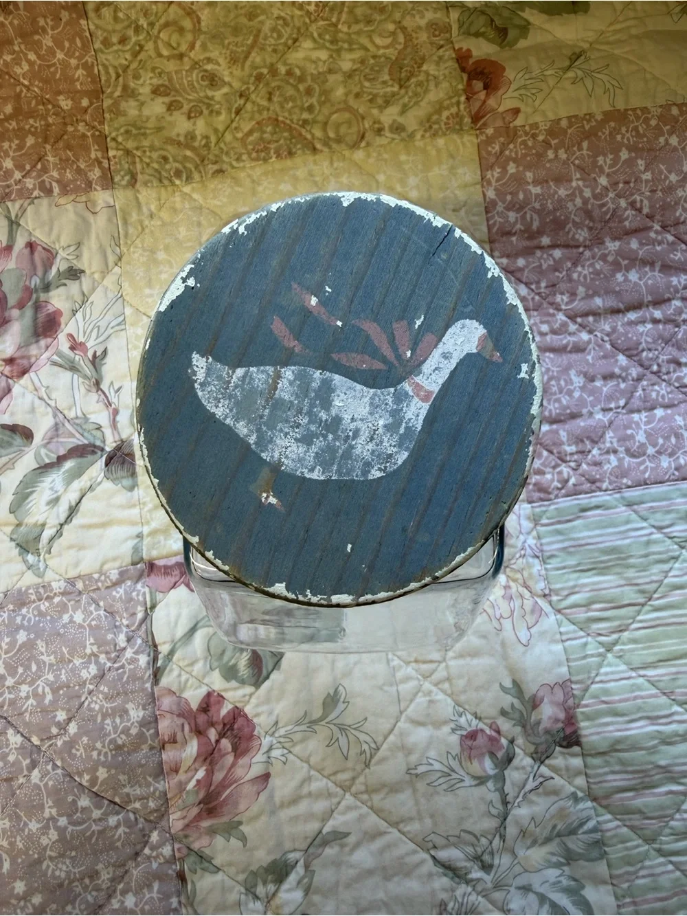 Rustic Wooden Top Glass Canister with Duck Motif - Blue & White
